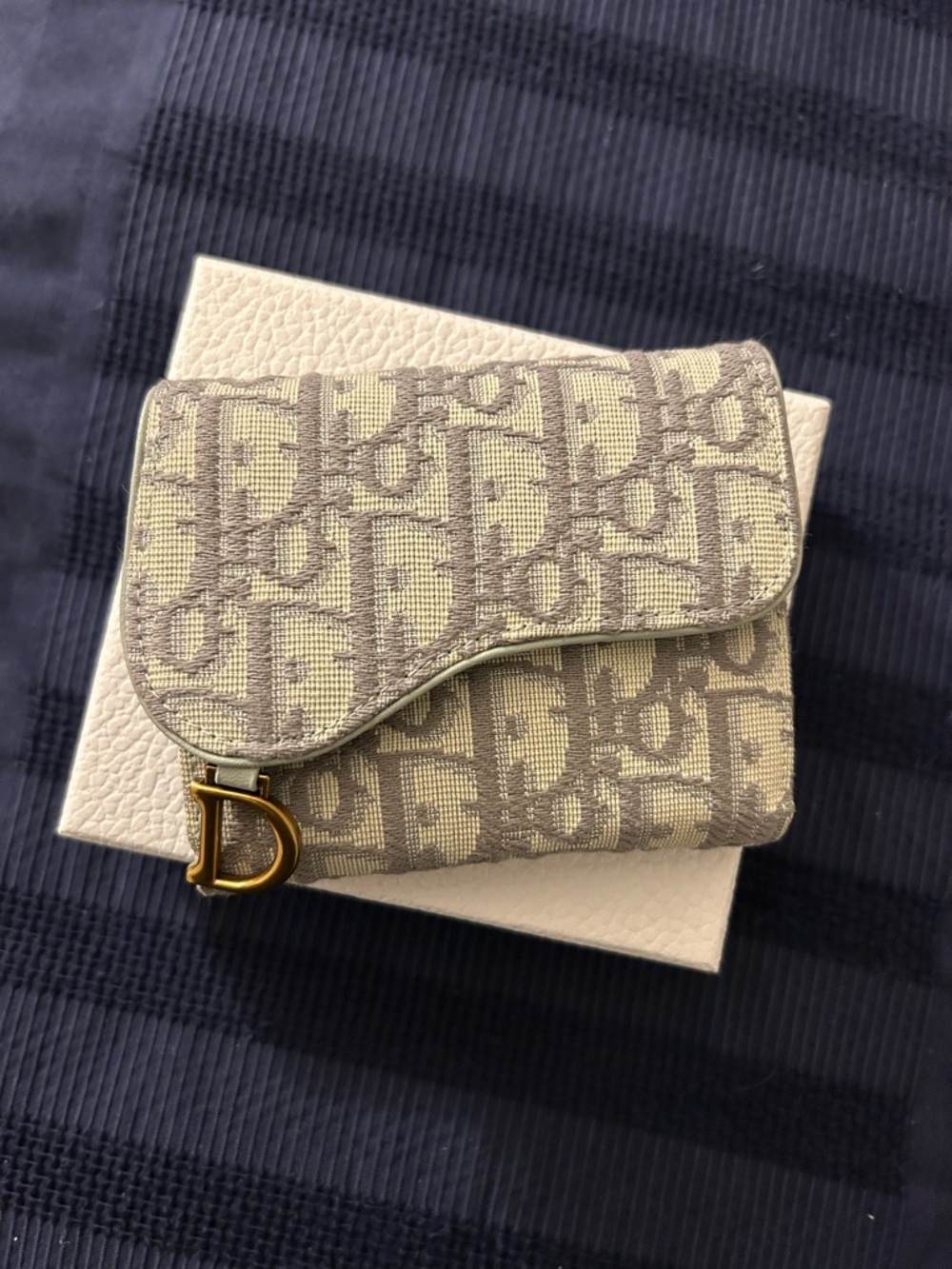 Dior Beige and Gray Monogram Canvas Saddle Wallet with Gold D Charm